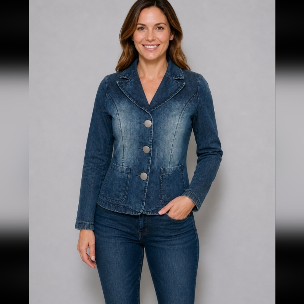 Denim blue jean jacket distressed nubby button M